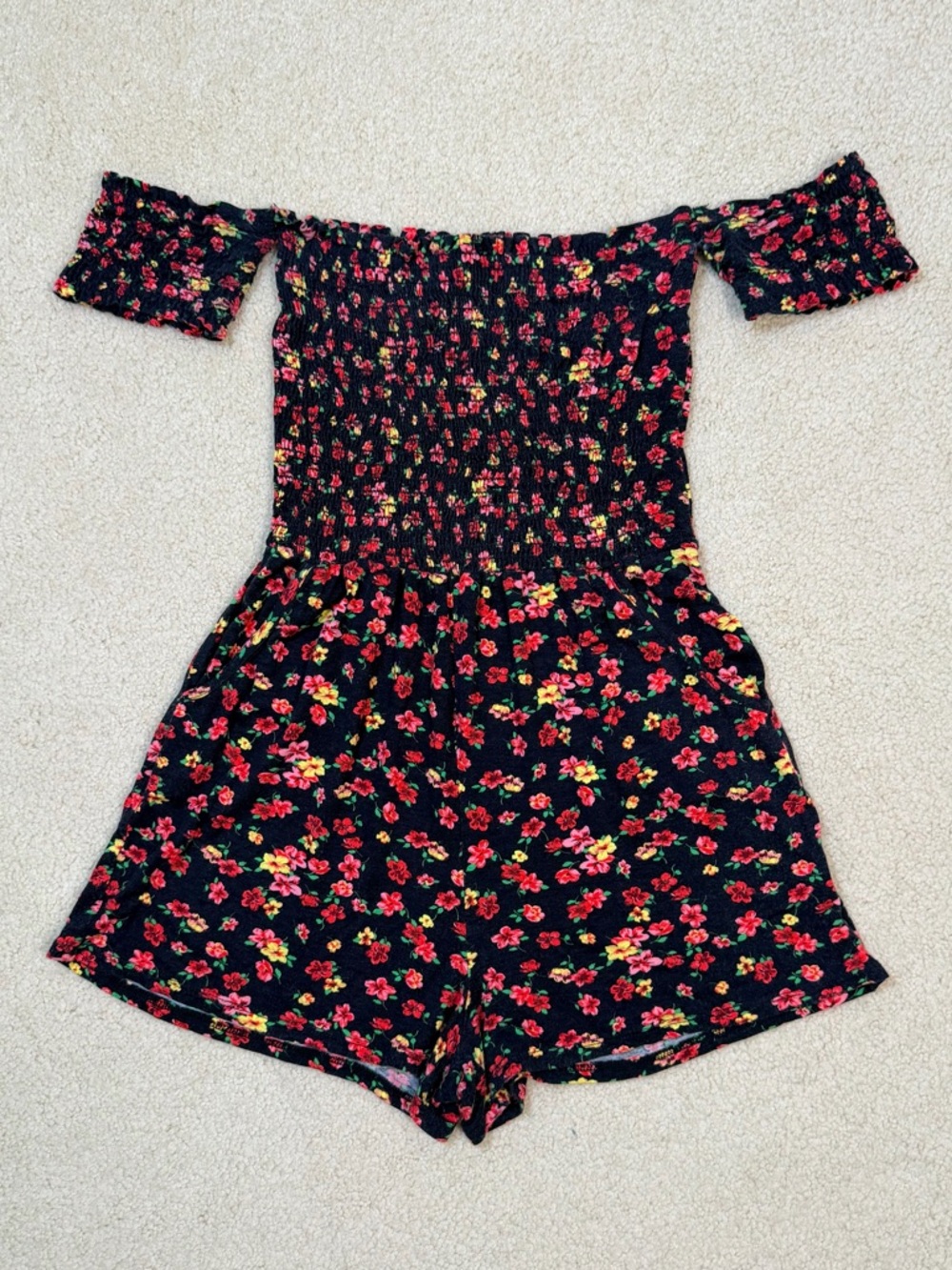 Design Lab Lord & Taylor Black Floral Off-Shoulder Romper